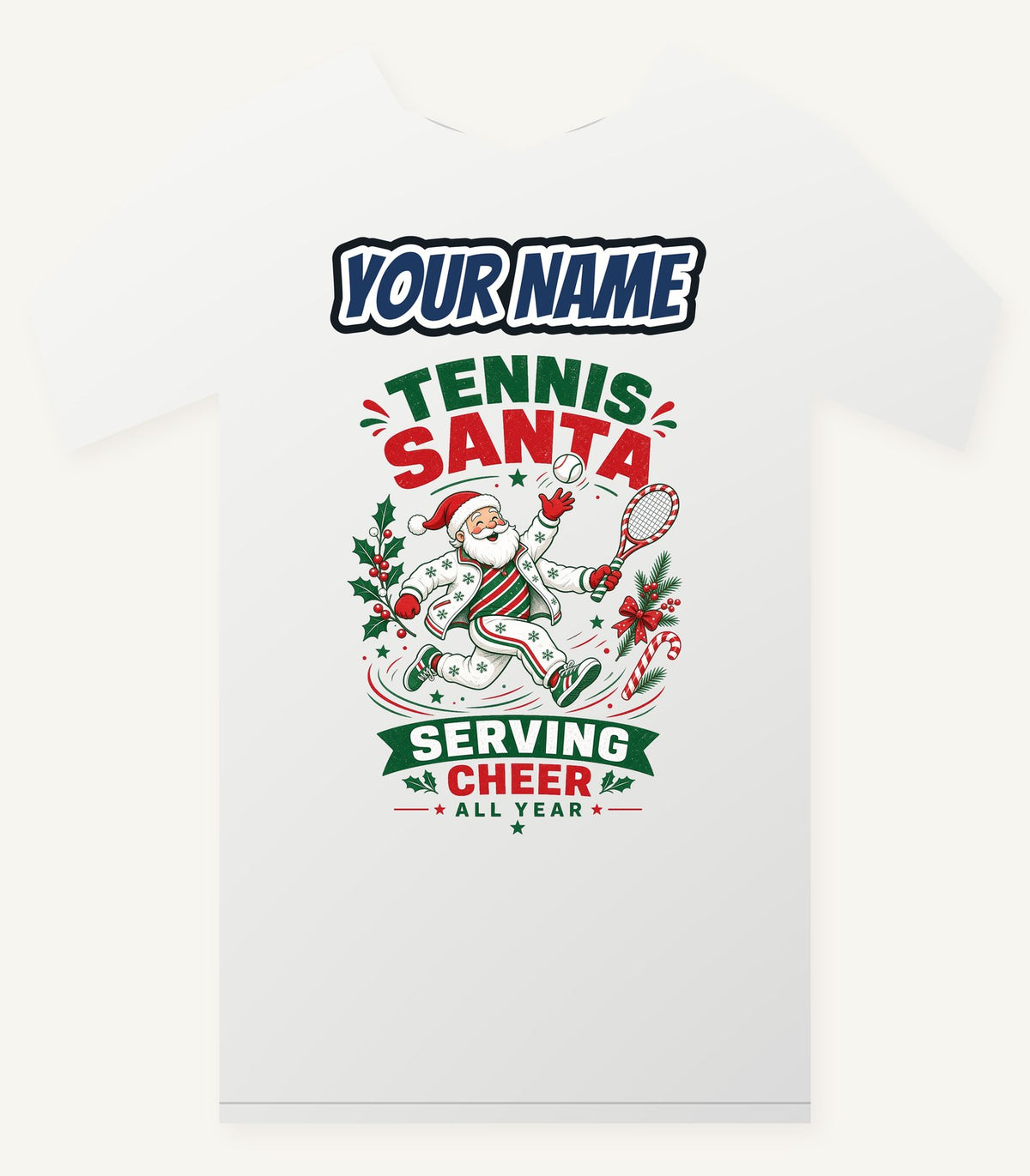 Tennis Santa Serving Cheer Personalised Christmas T-Shirt and Hoodie