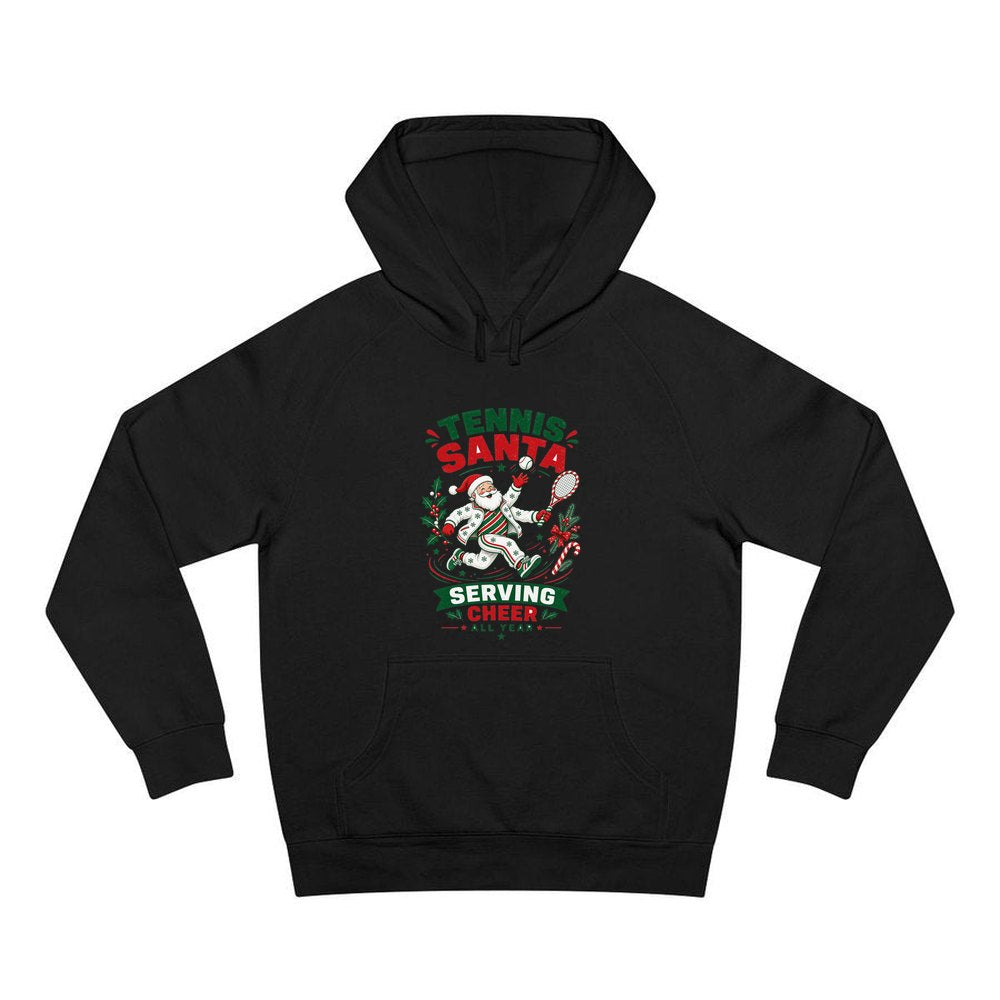 Tennis Santa Serving Cheer personalised Christmas hoodie in black