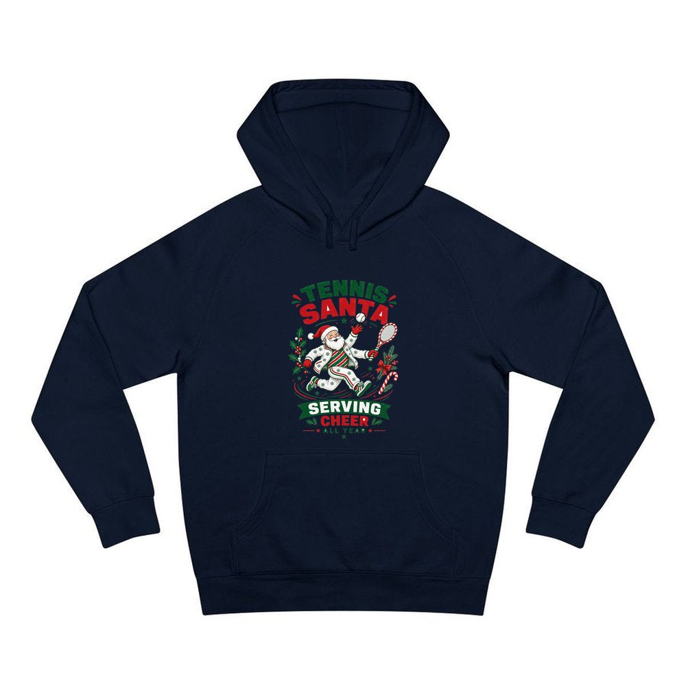 Tennis Santa Serving Cheer personalised Christmas hoodie in navy