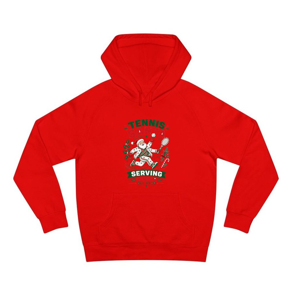 Tennis Santa Serving Cheer personalised Christmas hoodie in red