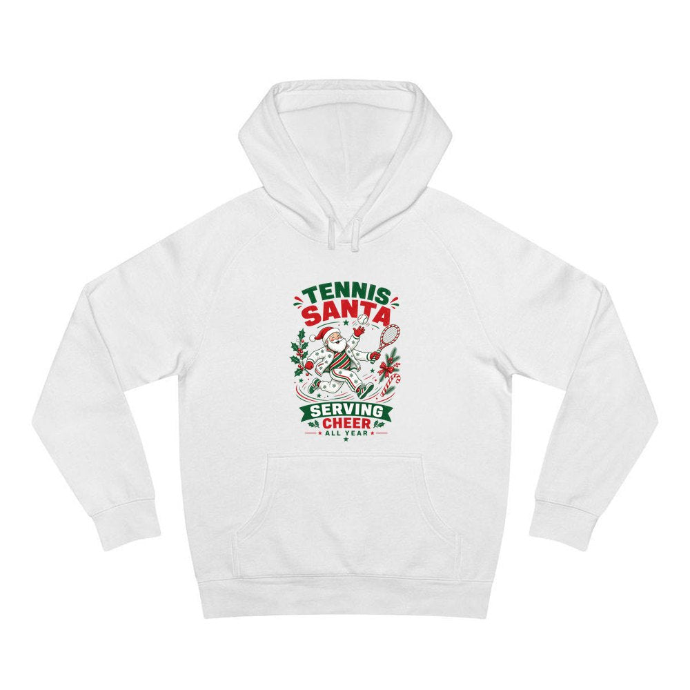Tennis Santa Serving Cheer personalised Christmas hoodie in white