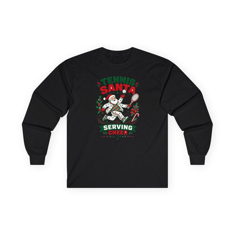 Tennis Santa Serving Cheer personalised long sleeve Christmas T-shirt in black