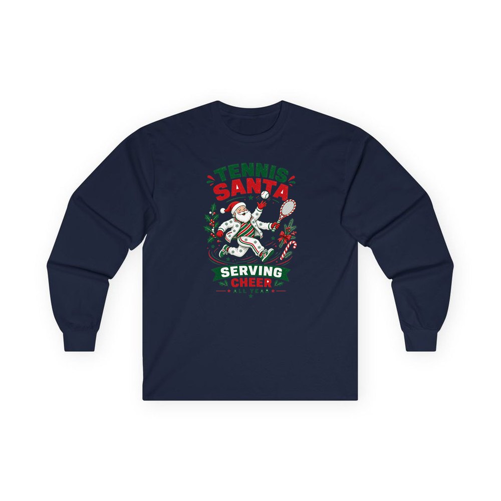 Tennis Santa Serving Cheer personalised long sleeve Christmas T-shirt in navy