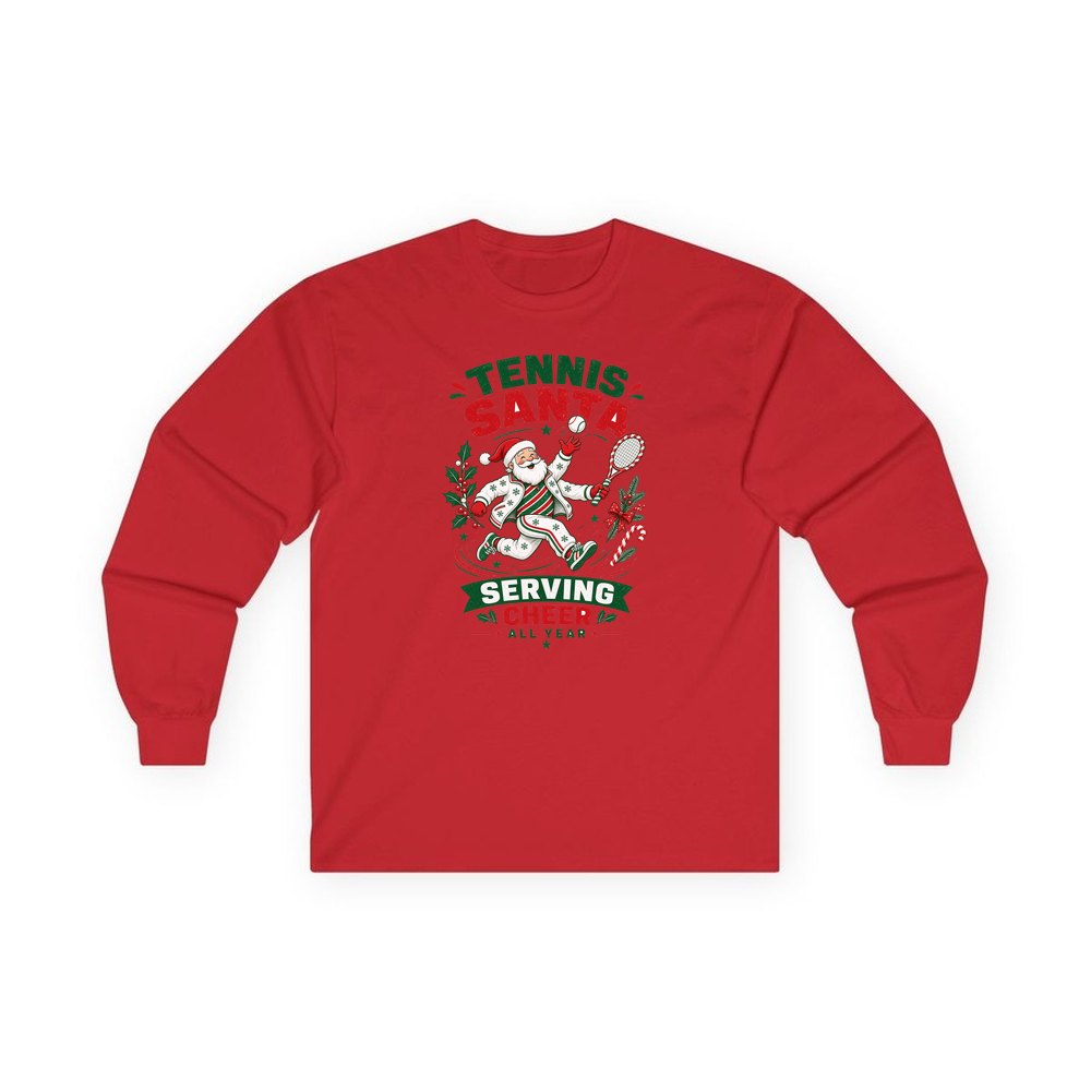 Tennis Santa Serving Cheer personalised long sleeve Christmas T-shirt in red