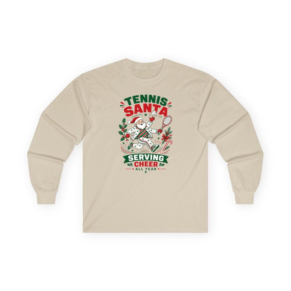 Tennis Santa Serving Cheer personalised long sleeve Christmas T-shirt in sand