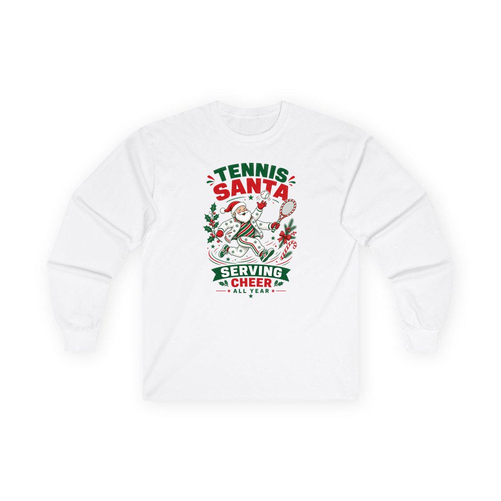 Tennis Santa Serving Cheer personalised long sleeve Christmas T-shirt in white