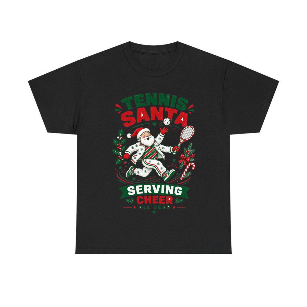 Tennis Santa Serving Cheer personalised Christmas T-shirt in black