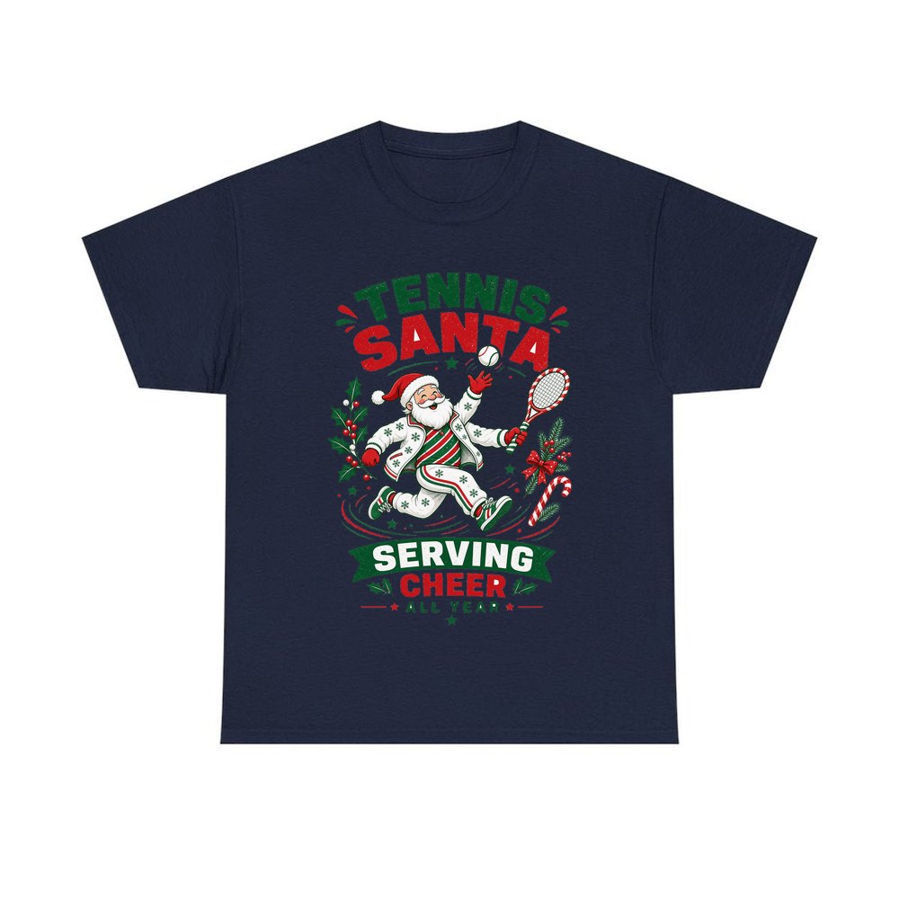 Tennis Santa Serving Cheer personalised Christmas T-shirt in navy