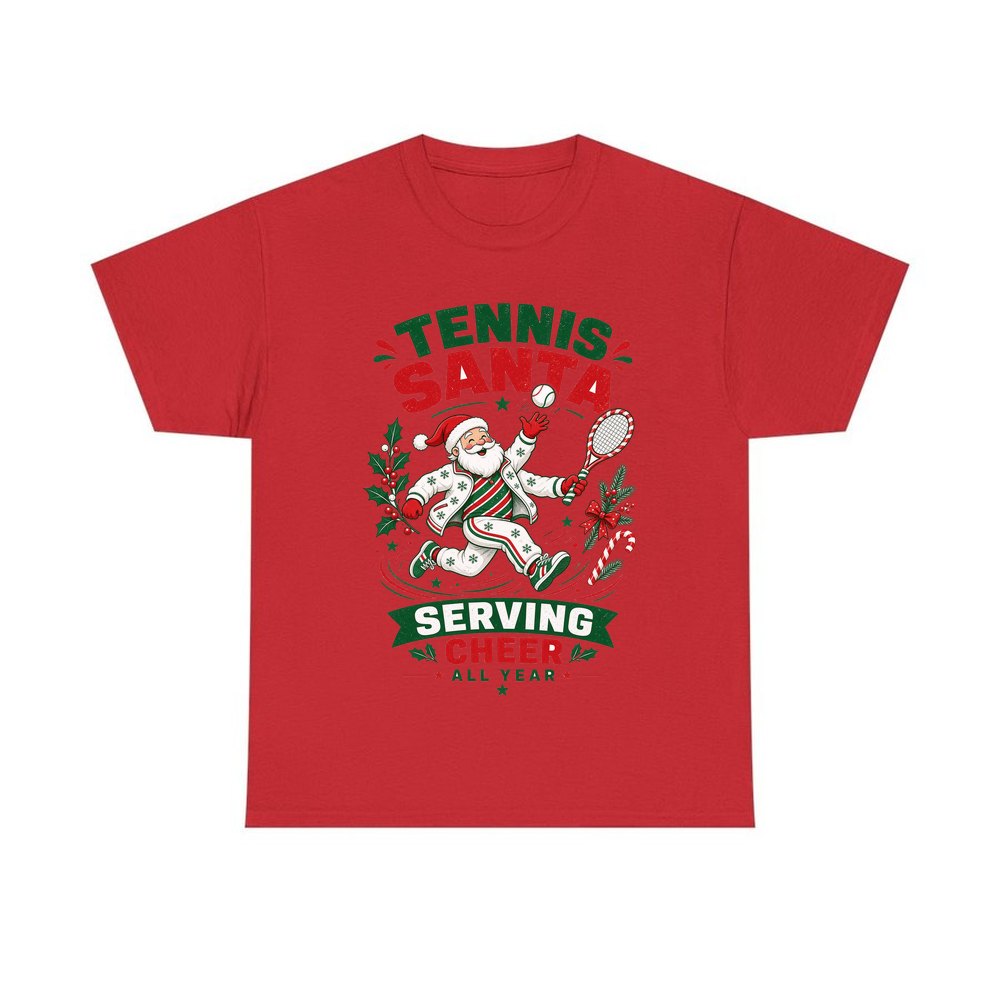 Tennis Santa Serving Cheer personalised Christmas T-shirt in red