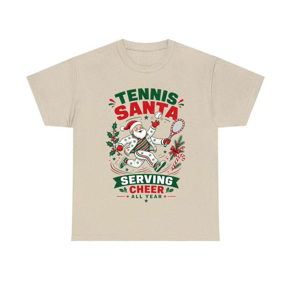 Tennis Santa Serving Cheer personalised Christmas T-shirt in sand