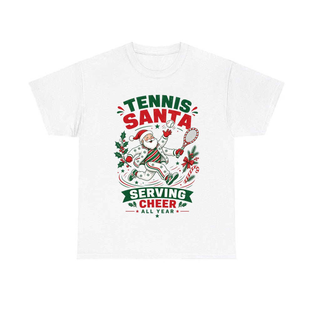 Tennis Santa Serving Cheer personalised Christmas T-shirt in white