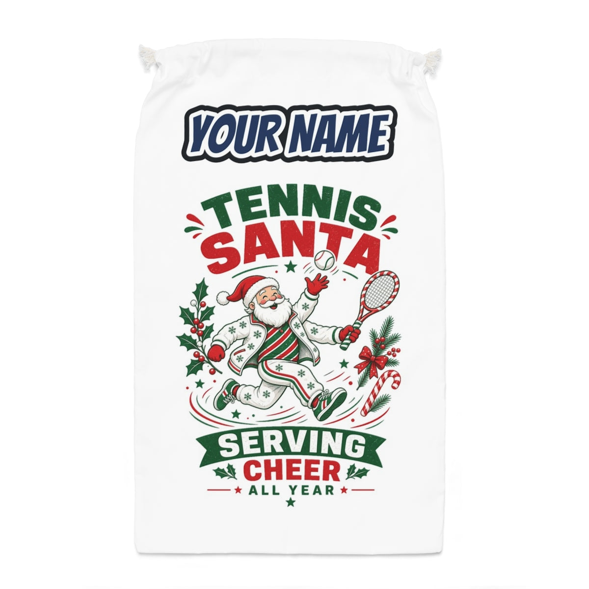 Tennis Santa Serving Cheer Santa sack laid flat, showing the full print