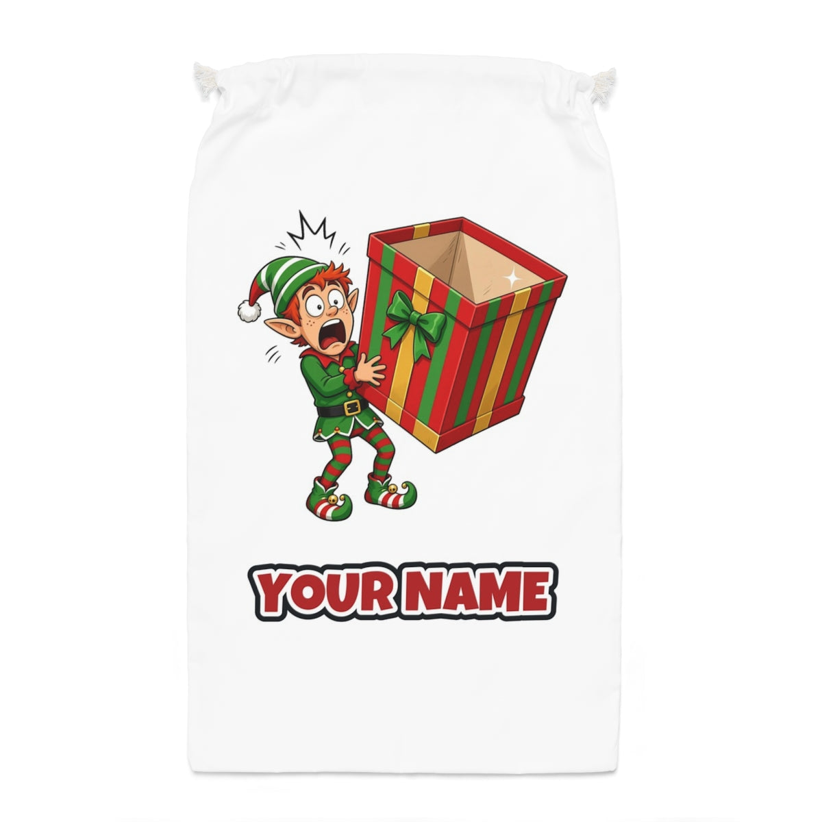 The Empty Present Santa sack laid flat, showing the full print