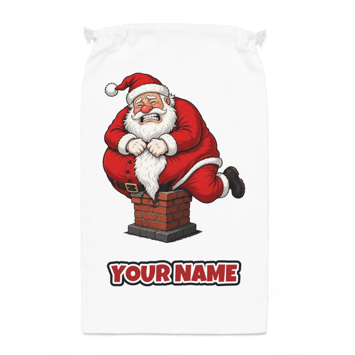 The Squeeze Santa sack laid flat, showing the full print