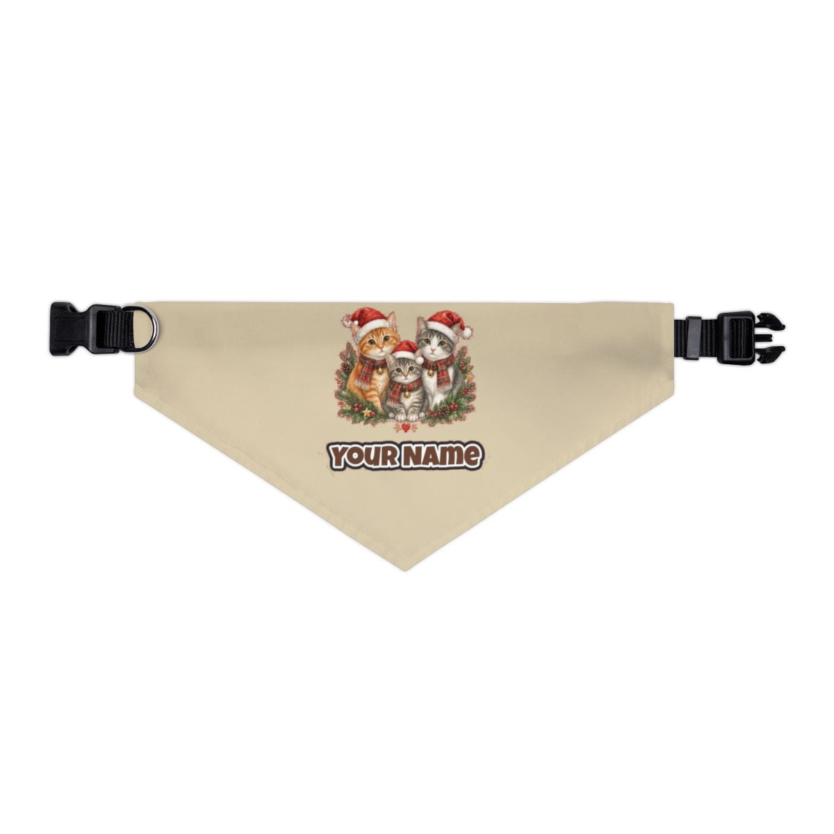 Three Christmas Kittens personalised Christmas pet bandana in beige, collar with buckle