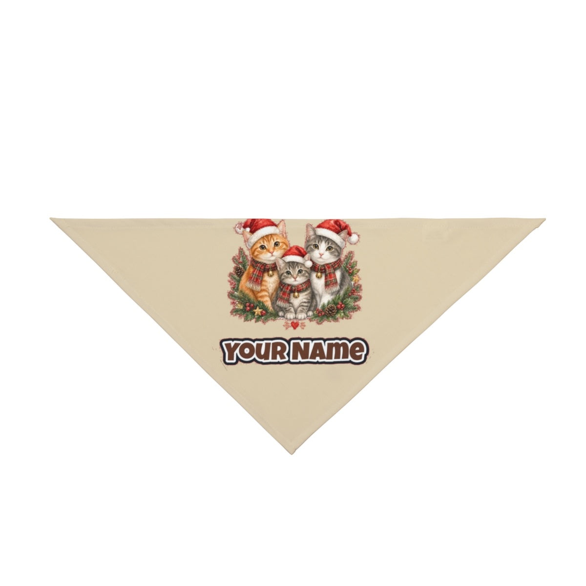 Three Christmas Kittens personalised Christmas pet bandana in beige, tie-on style