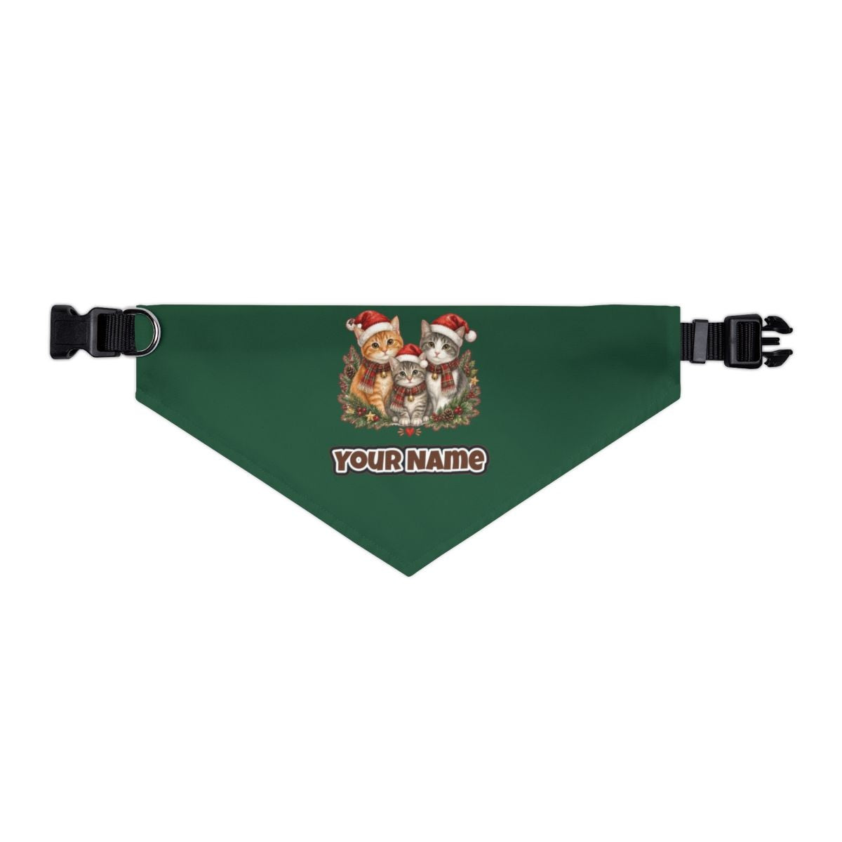 Three Christmas Kittens personalised Christmas pet bandana in green, collar with buckle