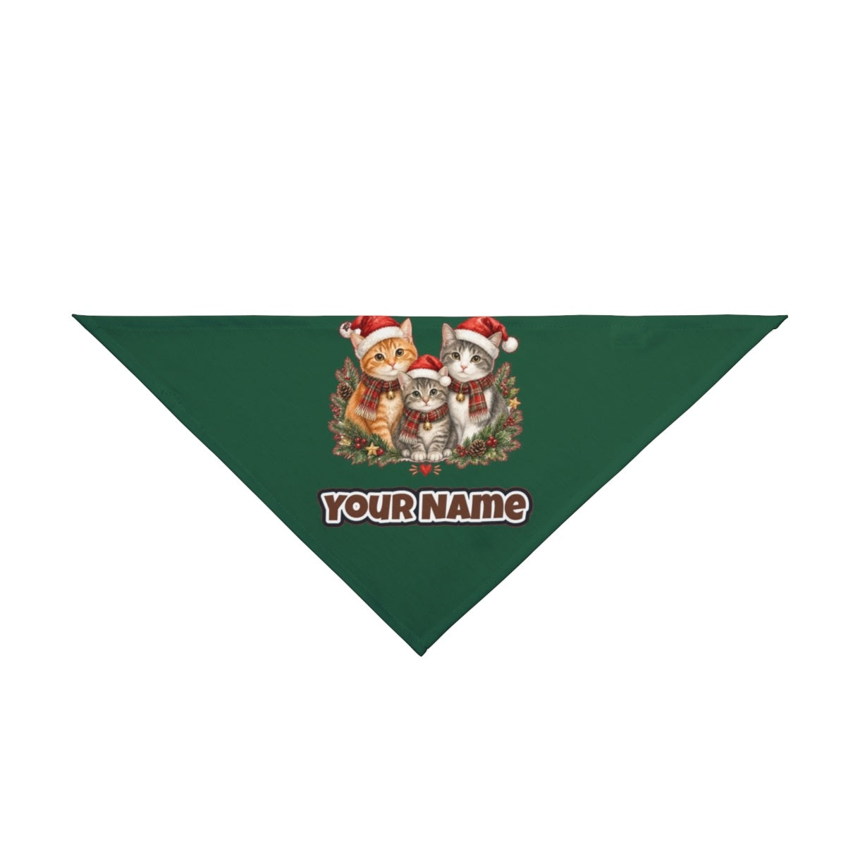 Three Christmas Kittens personalised Christmas pet bandana in green, tie-on style