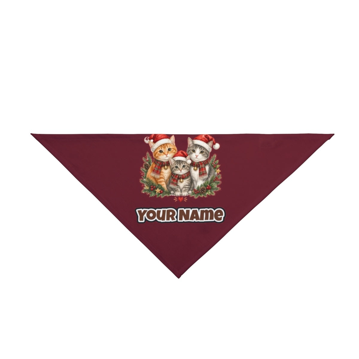 Three Christmas Kittens personalised Christmas pet bandana in maroon, tie-on style