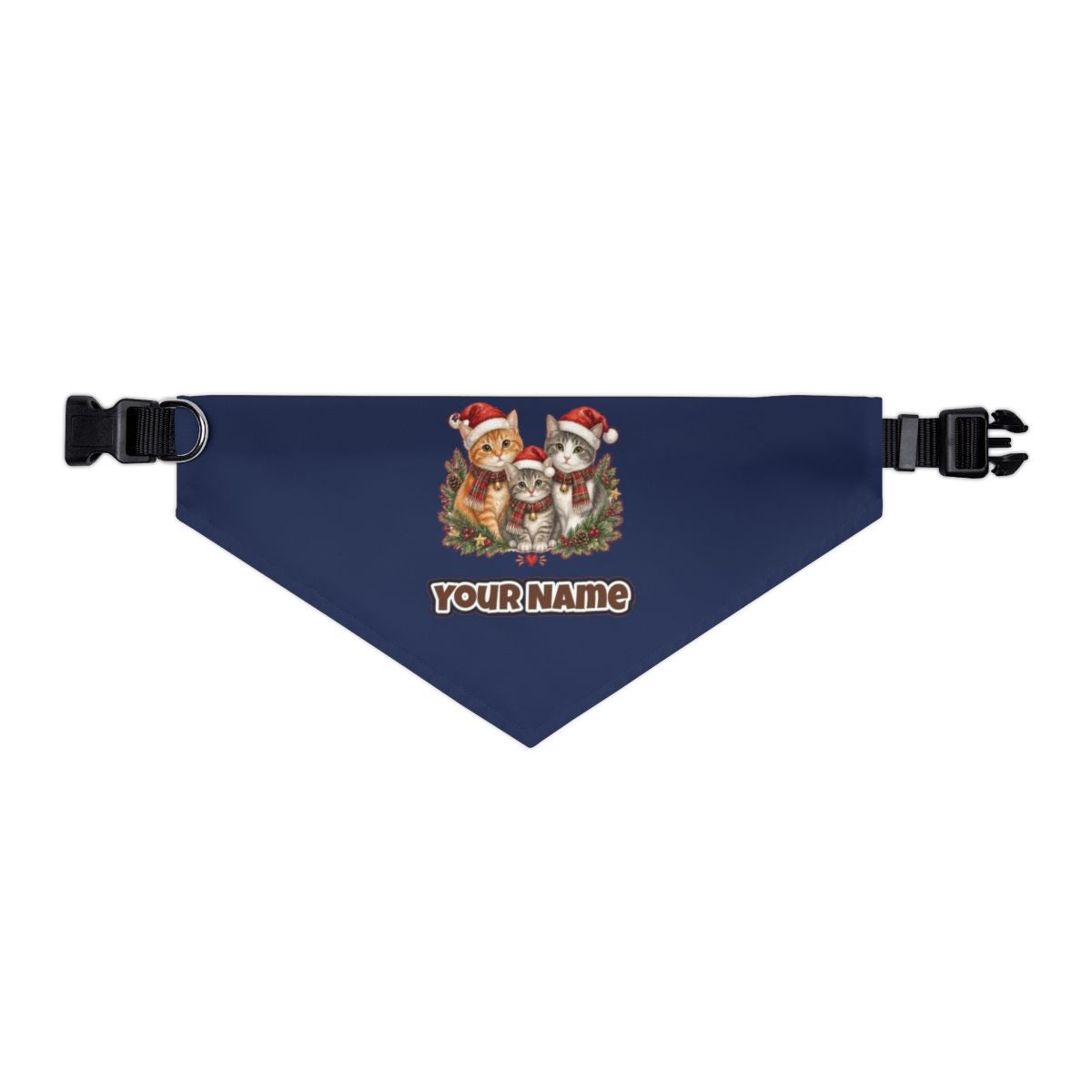 Three Christmas Kittens personalised Christmas pet bandana in navy, collar with buckle