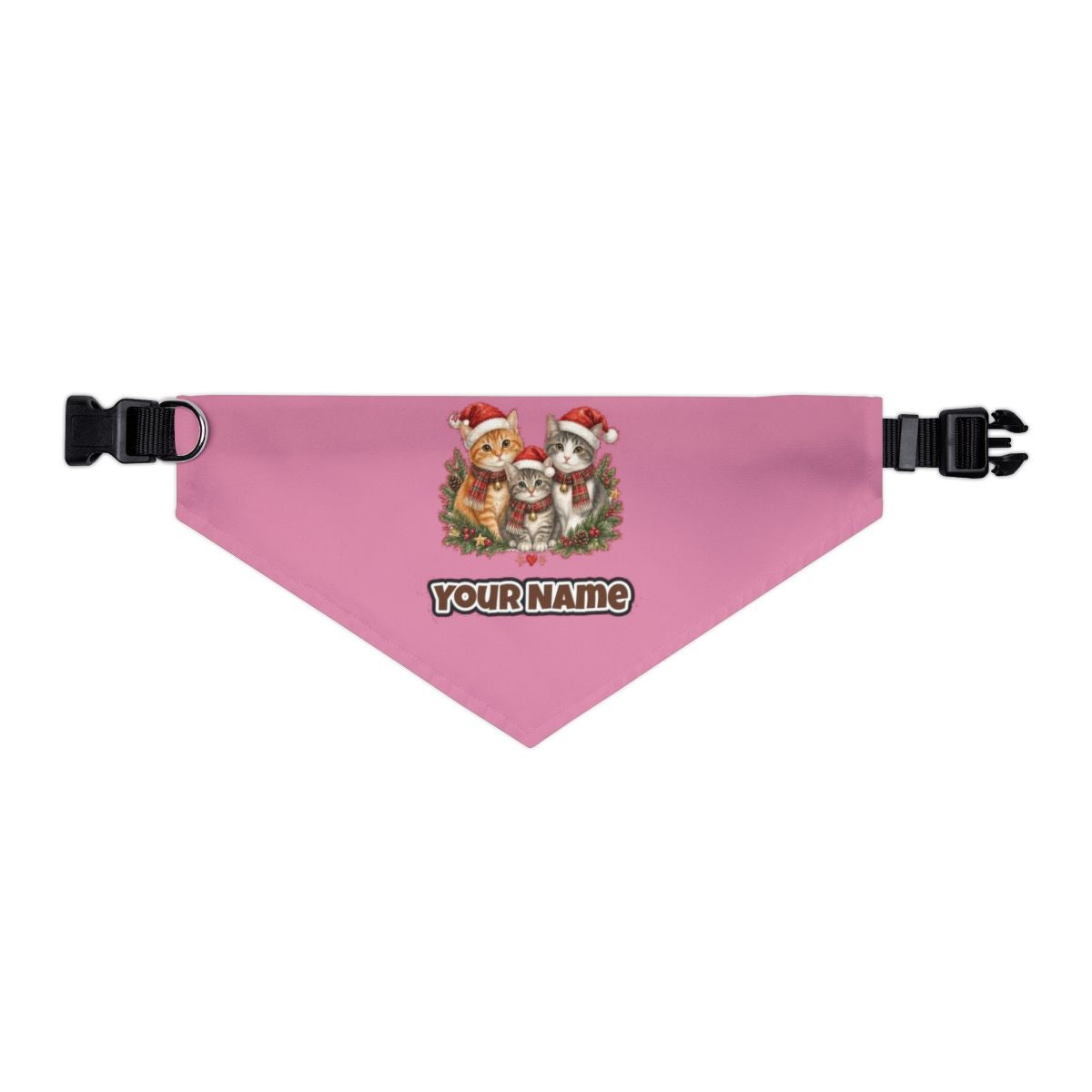 Three Christmas Kittens personalised Christmas pet bandana in pink, collar with buckle