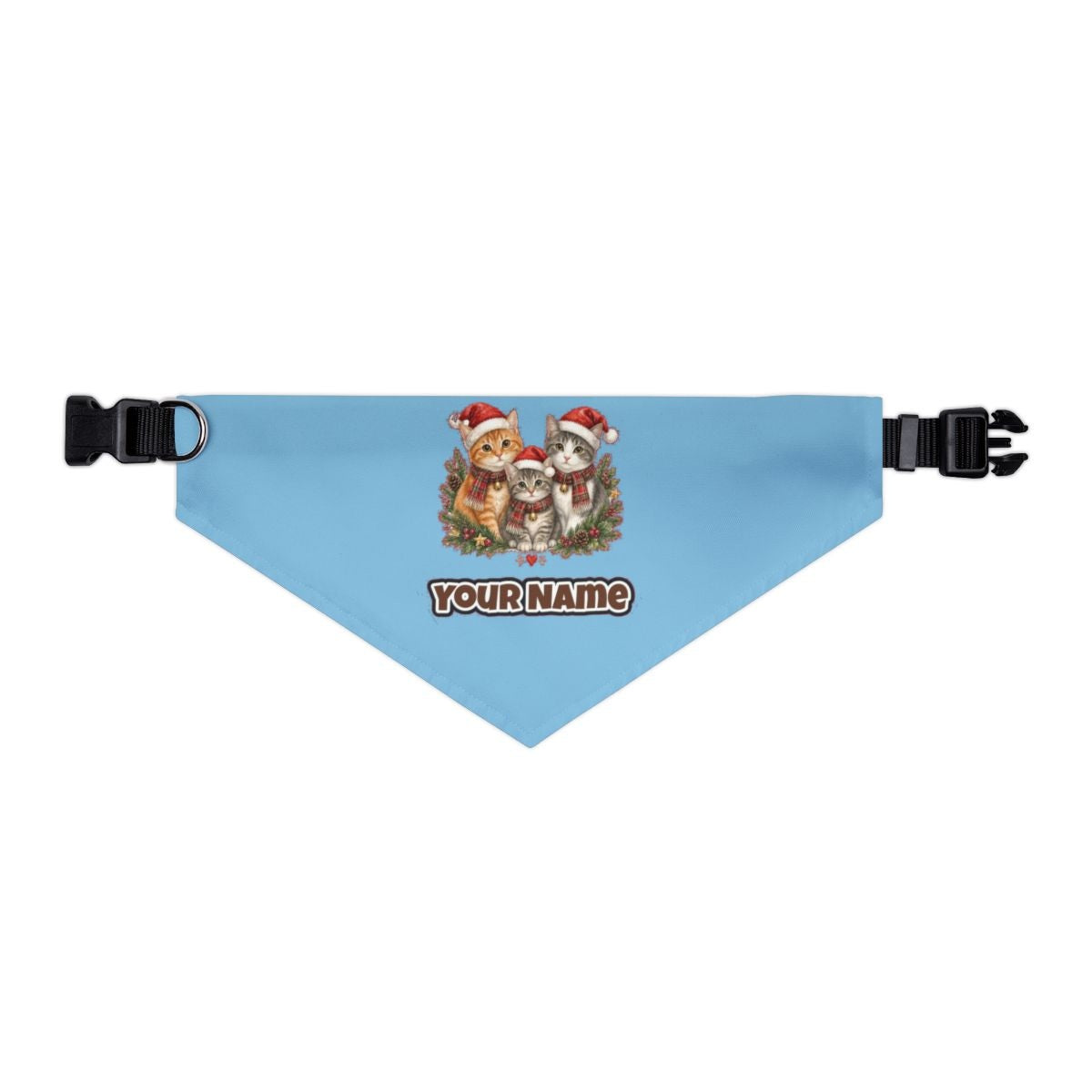 Three Christmas Kittens personalised Christmas pet bandana in sky blue, collar with buckle