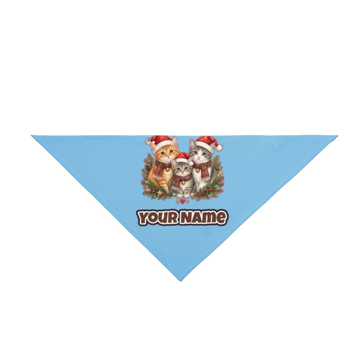 Three Christmas Kittens personalised Christmas pet bandana in sky blue, tie-on style