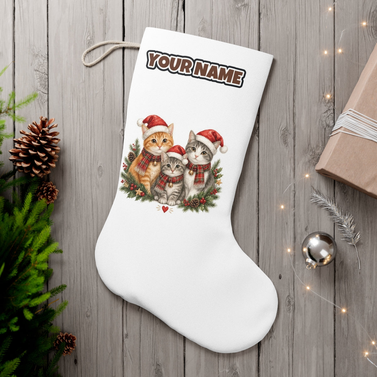 Three Christmas Kittens personalised Christmas stocking, white, with the name across the top