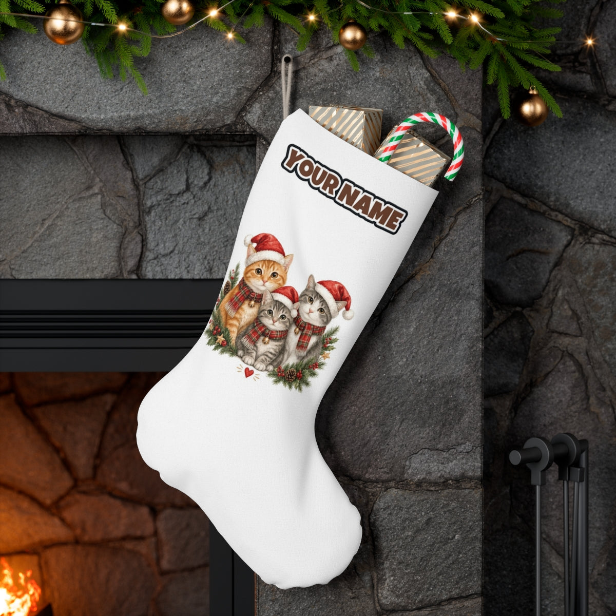 Three Christmas Kittens personalised Christmas stocking hanging on a mantel