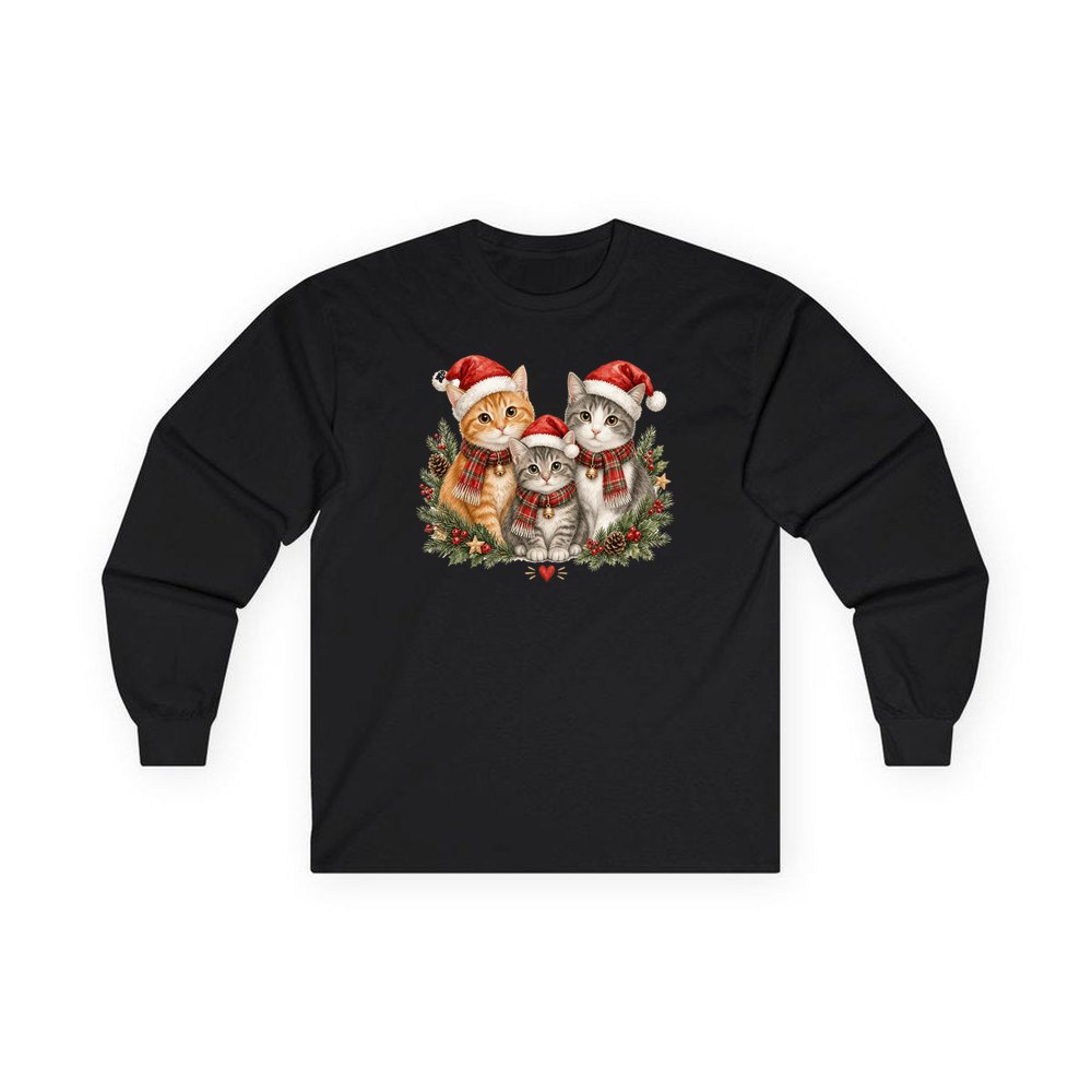 Three Christmas Kittens personalised long sleeve Christmas T-shirt in black