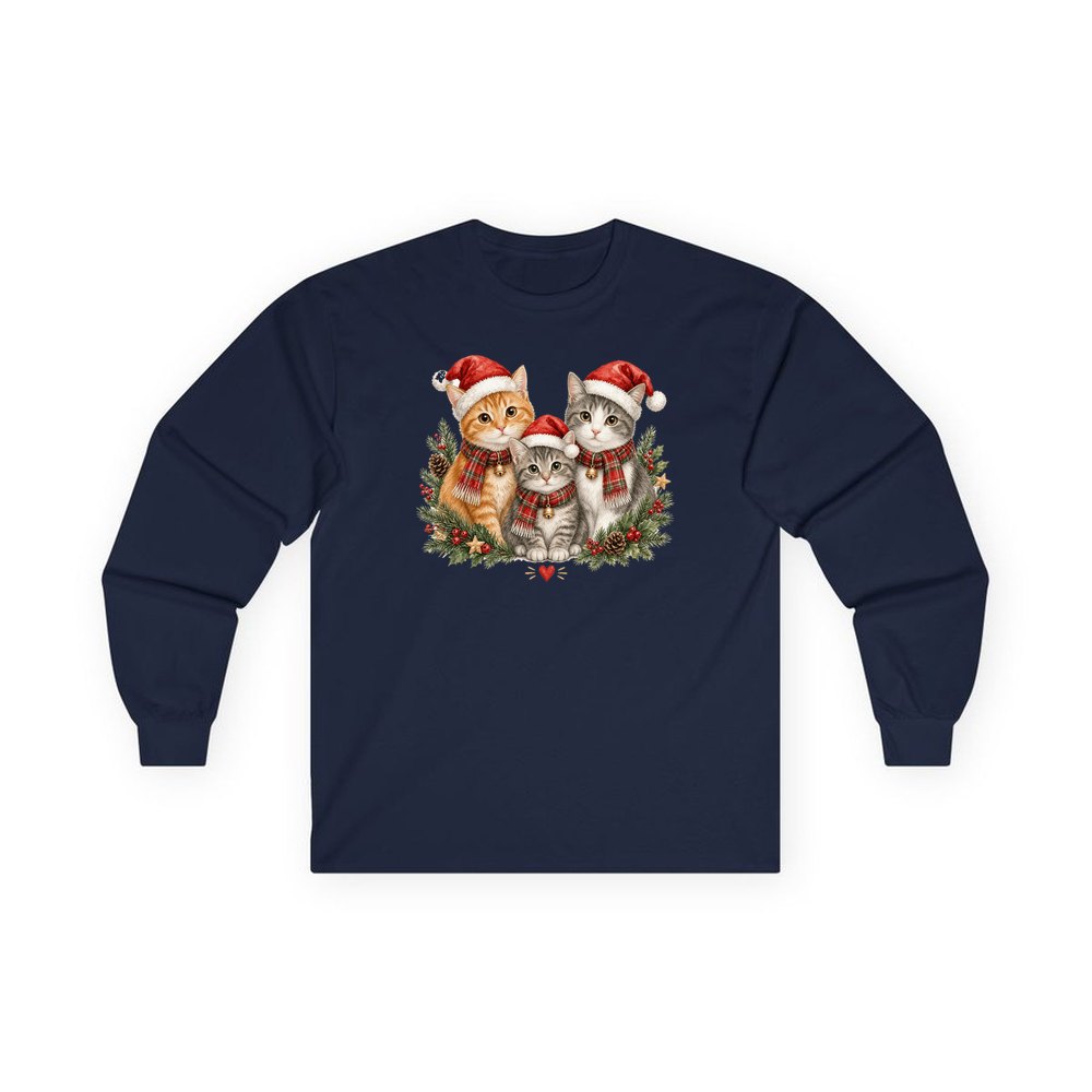 Three Christmas Kittens personalised long sleeve Christmas T-shirt in navy