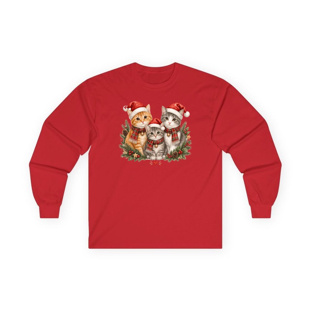 Three Christmas Kittens personalised long sleeve Christmas T-shirt in red