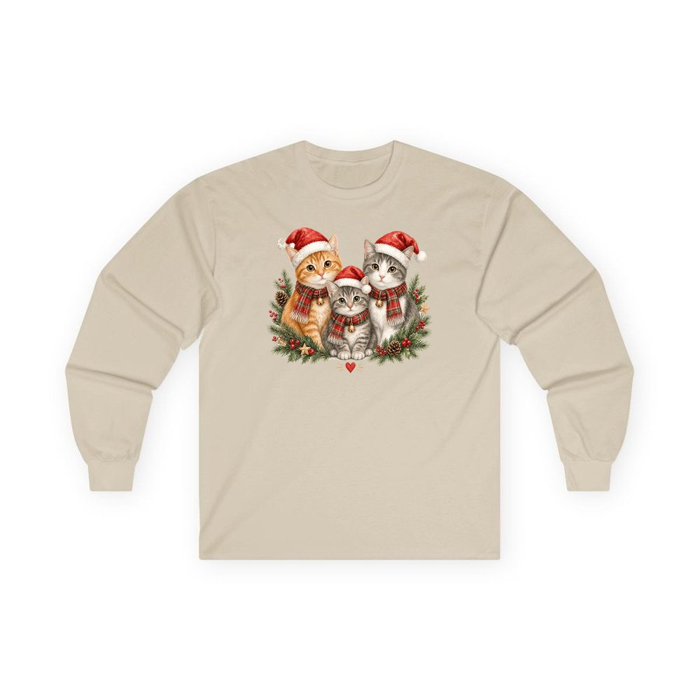 Three Christmas Kittens personalised long sleeve Christmas T-shirt in sand