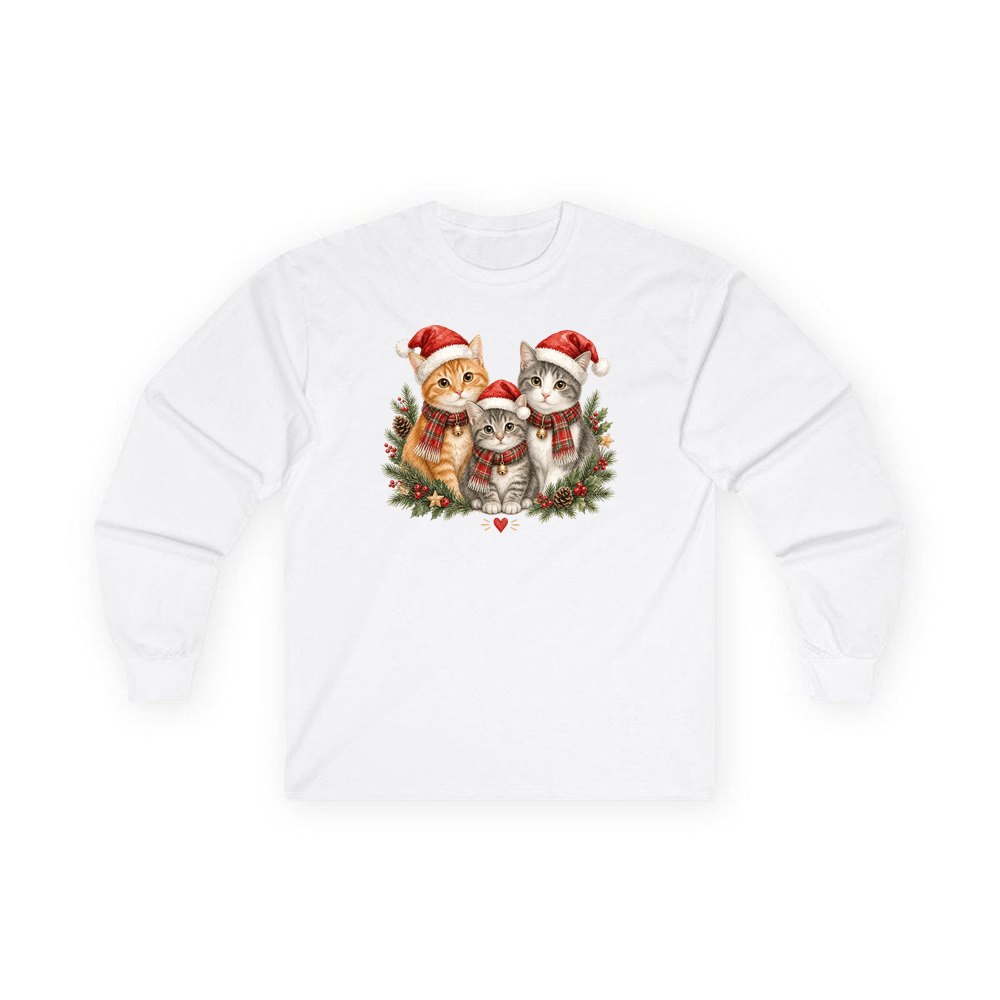 Three Christmas Kittens personalised long sleeve Christmas T-shirt in white