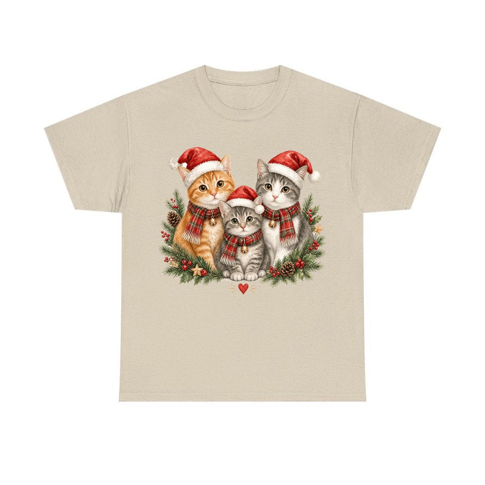 Three Christmas Kittens personalised Christmas T-shirt in sand