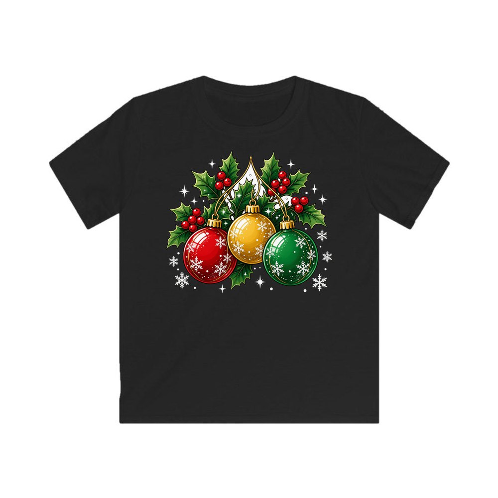 Three Glass Baubles personalised kids Christmas tee in black