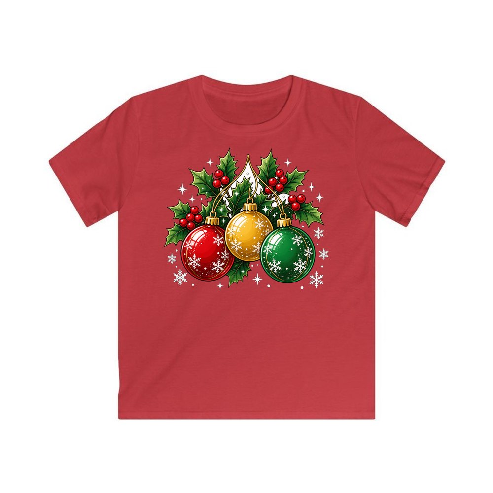Three Glass Baubles personalised kids Christmas tee in red