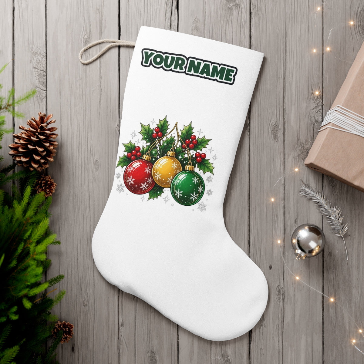 Three Glass Baubles personalised Christmas stocking, white, with the name across the top