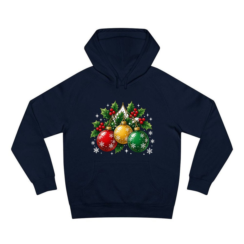 Three Glass Baubles personalised Christmas hoodie in navy