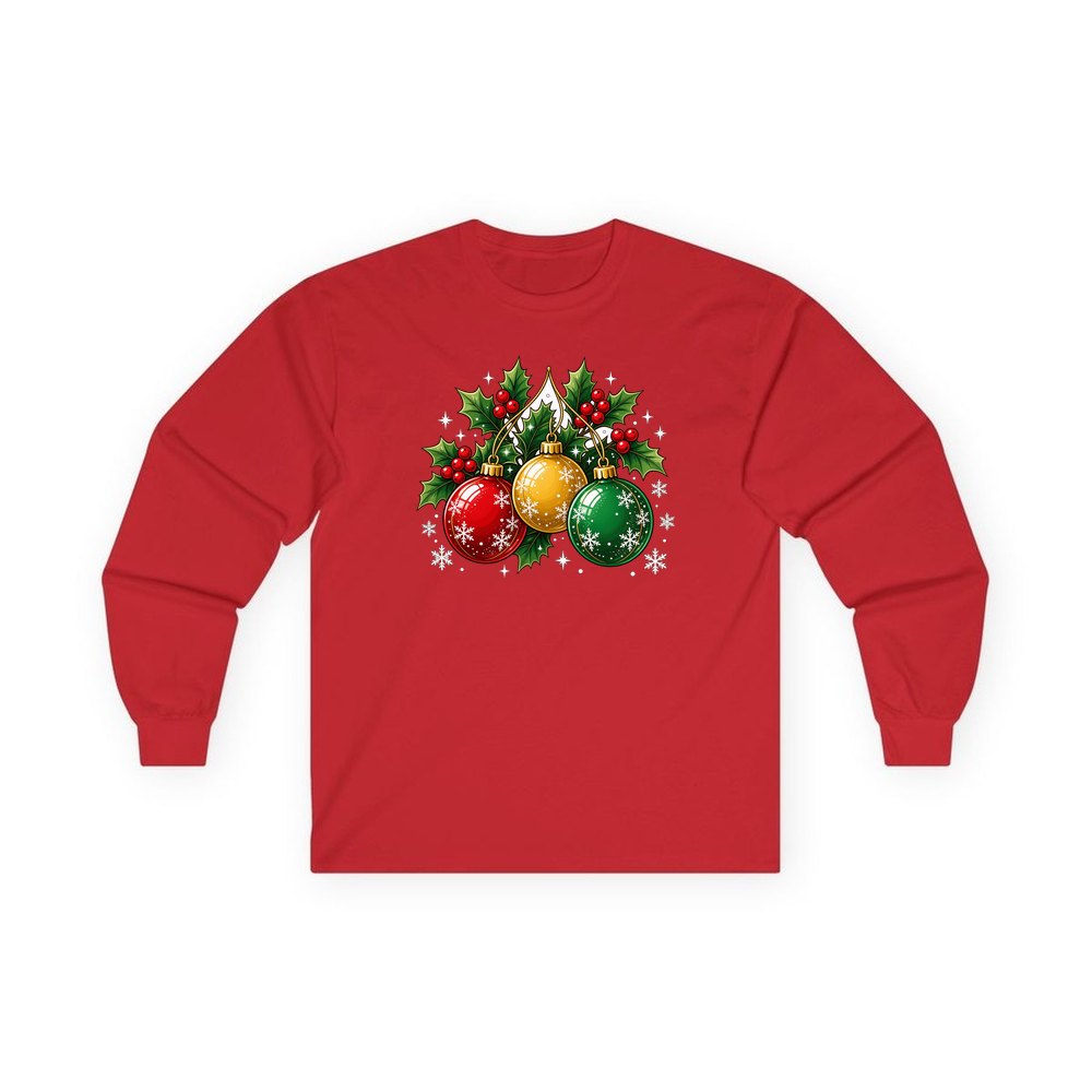 Three Glass Baubles personalised long sleeve Christmas T-shirt in red