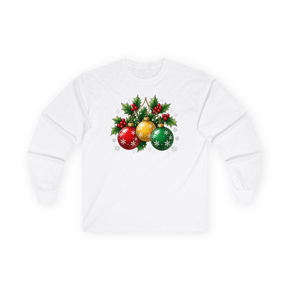 Three Glass Baubles personalised long sleeve Christmas T-shirt in white