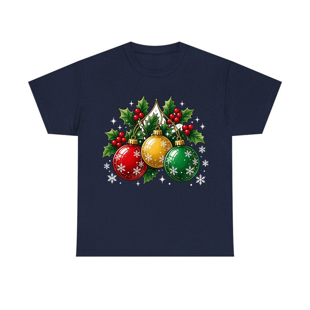 Three Glass Baubles personalised Christmas T-shirt in navy