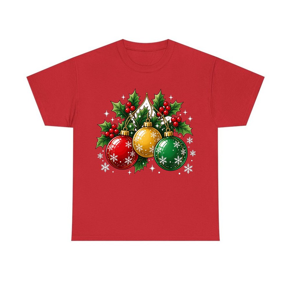 Three Glass Baubles personalised Christmas T-shirt in red