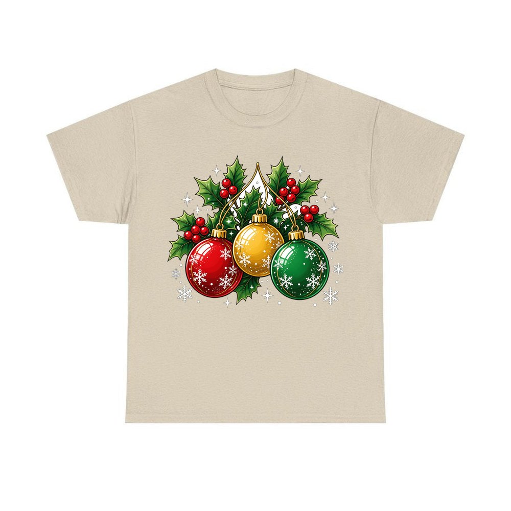 Three Glass Baubles personalised Christmas T-shirt in sand