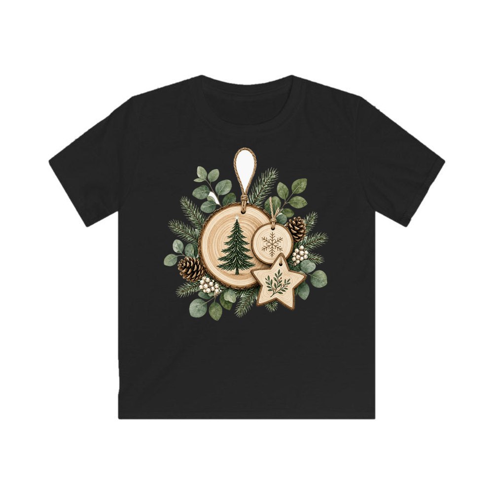 Timber Slice and Eucalyptus Ornaments personalised kids Christmas tee in black
