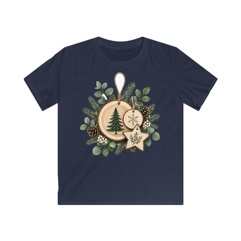 Timber Slice and Eucalyptus Ornaments personalised kids Christmas tee in navy
