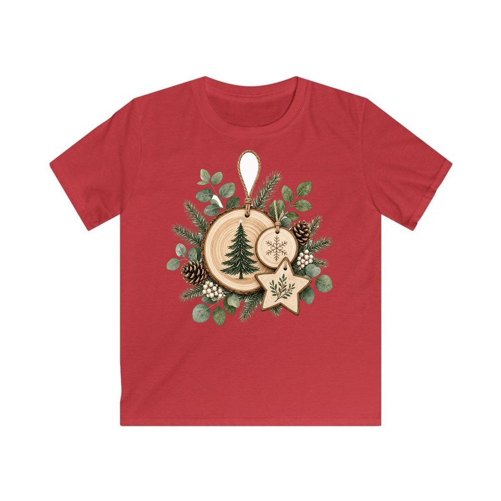 Timber Slice and Eucalyptus Ornaments personalised kids Christmas tee in red