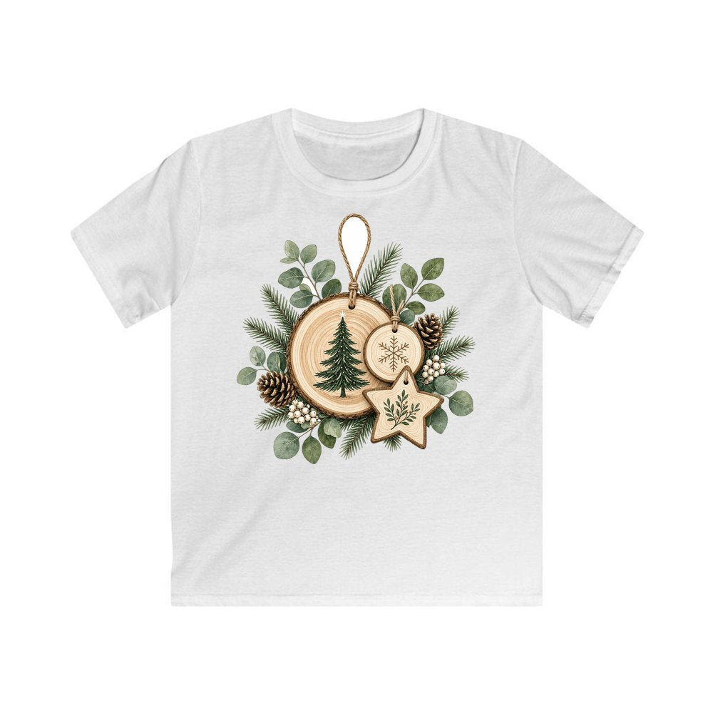 Timber Slice and Eucalyptus Ornaments personalised kids Christmas tee in white