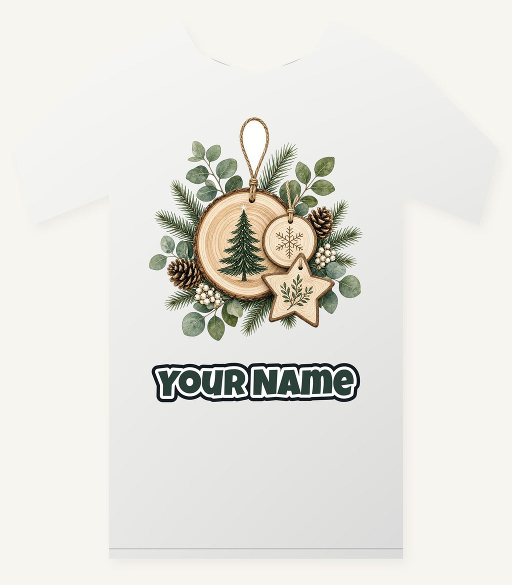 Timber Slice and Eucalyptus Ornaments Personalised Christmas T-Shirt and Hoodie