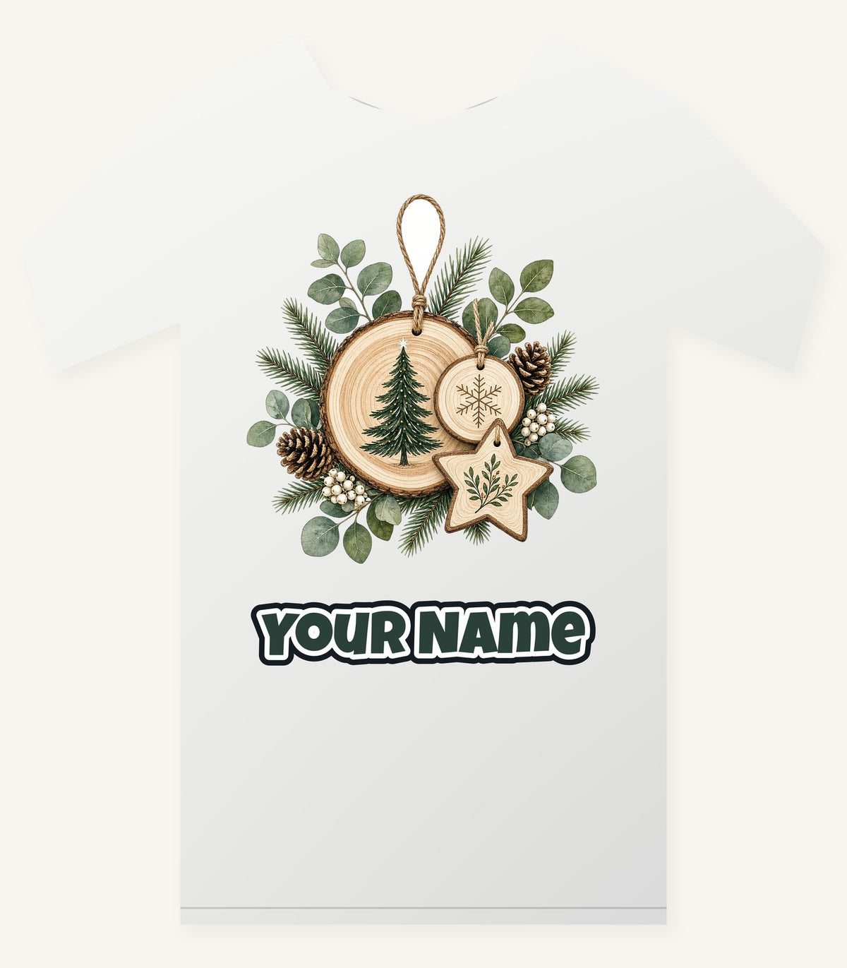 Timber Slice and Eucalyptus Ornaments Personalised Christmas T-Shirt and Hoodie